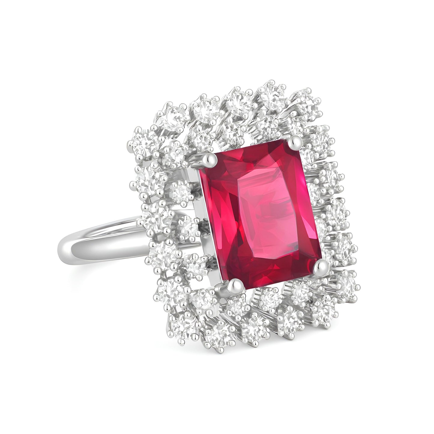 Silver Pink Stone AD Ring – Rectangle-Cut with Heavy Halo Design