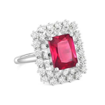Silver Pink Stone AD Ring – Rectangle-Cut with Heavy Halo Design