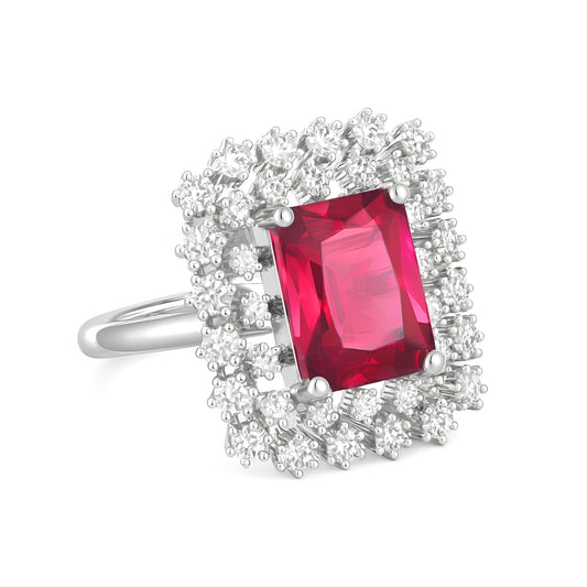 Silver Pink Stone AD Ring – Rectangle-Cut with Heavy Halo Design