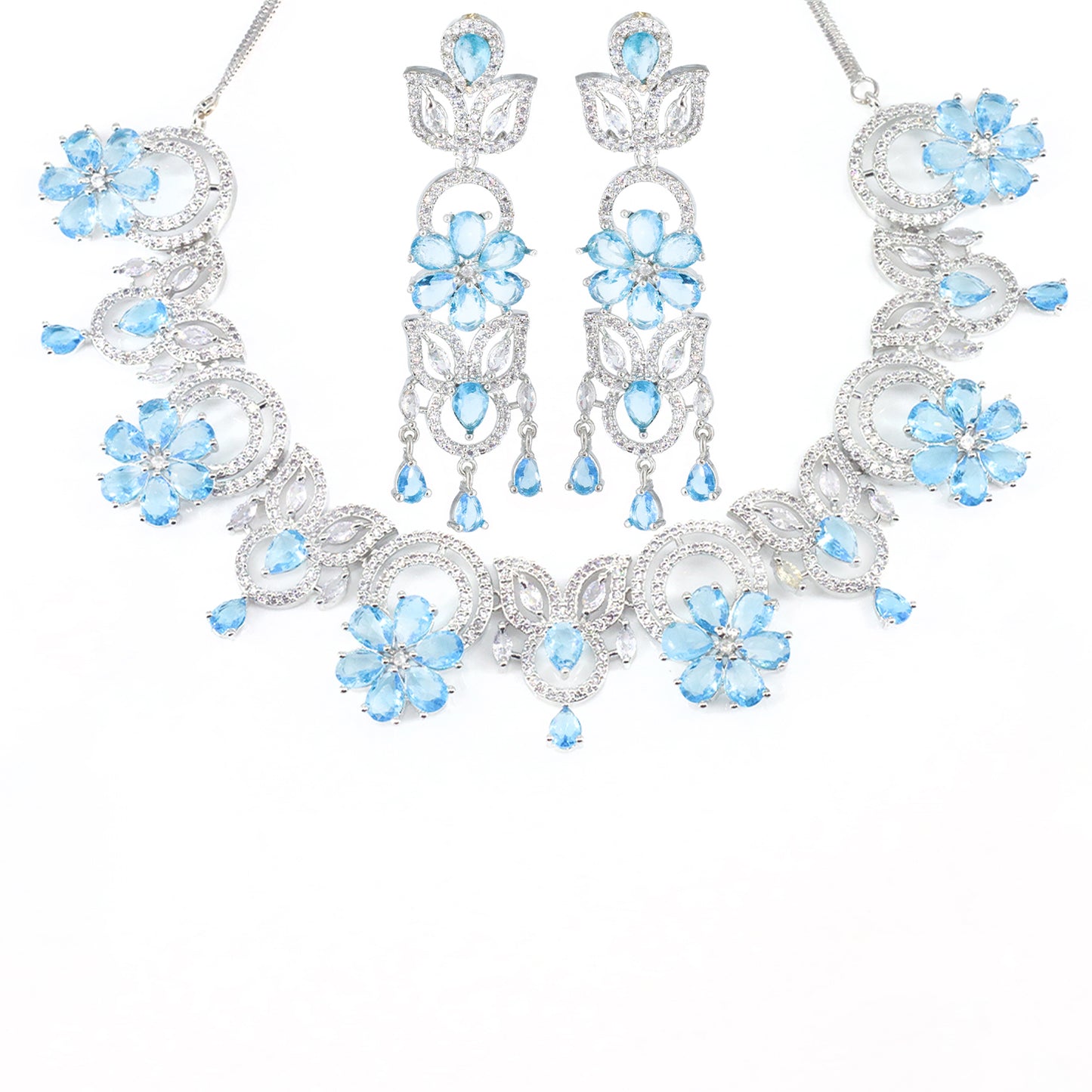 Blue AD Studded Floral Jewellery Set