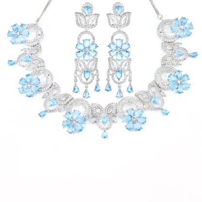 Blue AD Studded Floral Jewellery Set