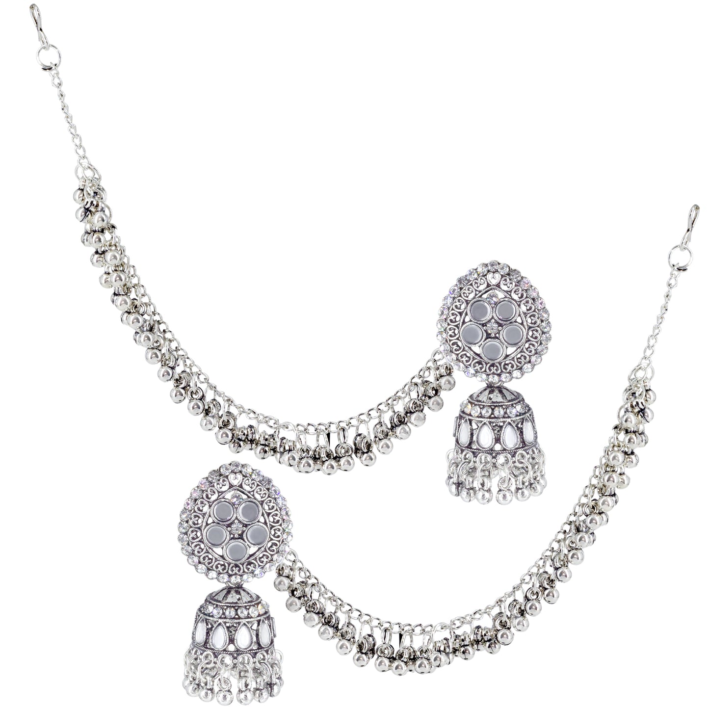 Silver-Oxidised Floral Mirror-Studded Jhumka Earrings With Hair Chain