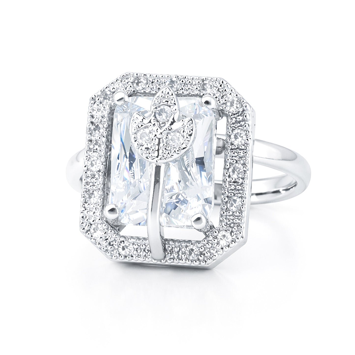 Rhodium Plated White AD Leaf Adjustable Ring for Women