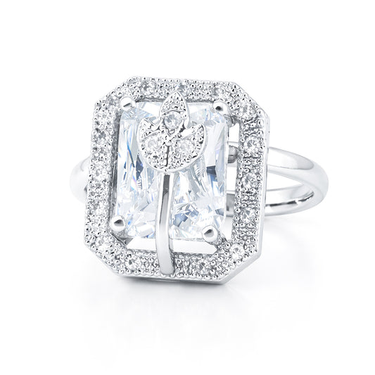 Rhodium Plated White AD Leaf Adjustable Ring for Women