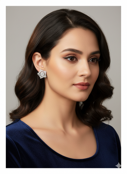 Silver Plated AD Floral Earrings for Women