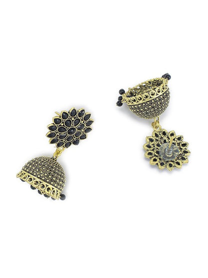 Gold Plated Black Artificial Stones Studded Jhumka Earrings