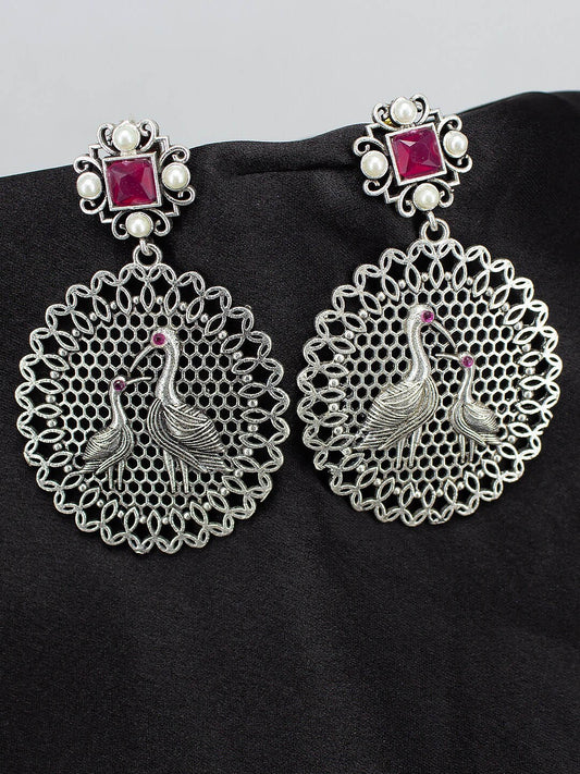 Silver Oxidised Heron Bird Shaped & Artificial Stones Studded Drop Earrings