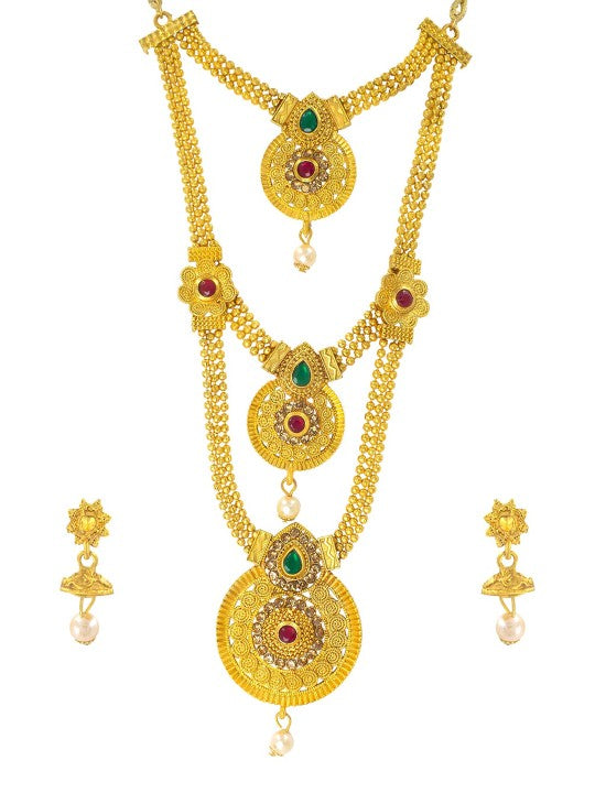 Gold-Plated Three-Layered Stone Studded Traditional Jewellery Set