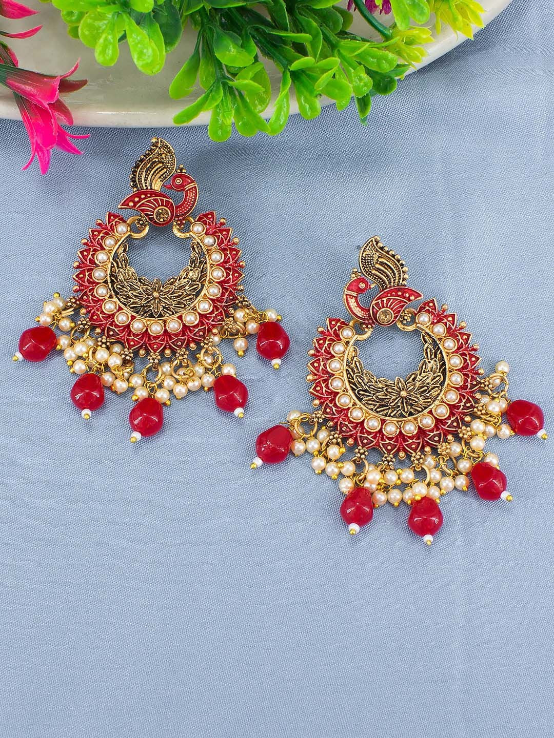 Red Peacock Beads Drop Earrings