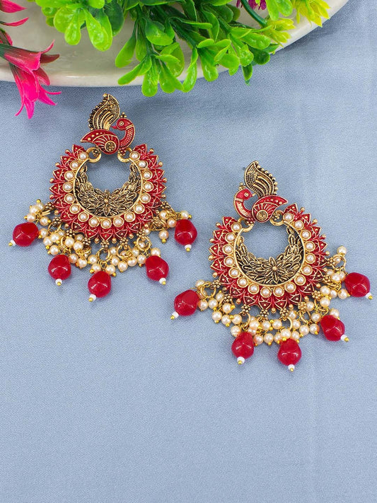 Red Peacock Beads Drop Earrings