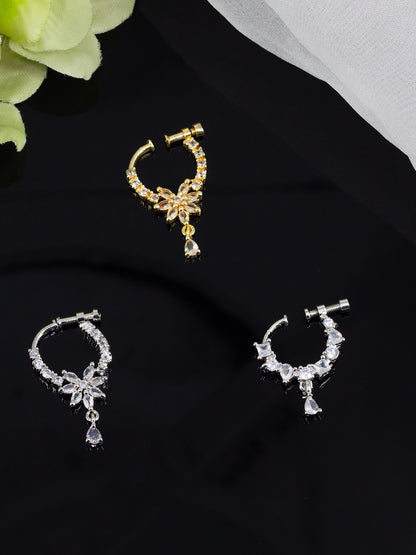 Set of Three Rhodium & Gold Plated American Diamond Non Piercing Nosepin
