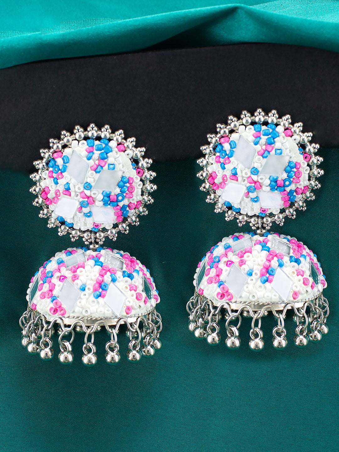 Pink & Blue Beads Jhumka Earrings