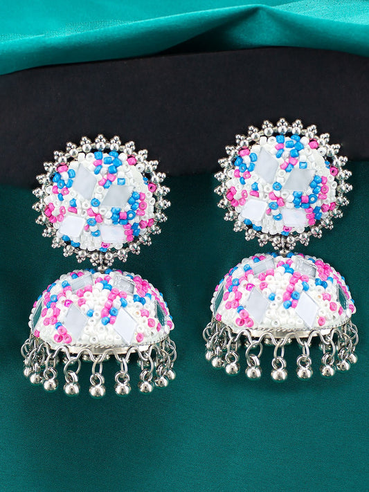 Pink & Blue Beads Jhumka Earrings