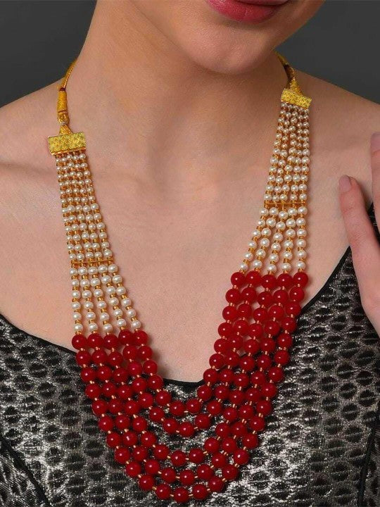 Red Pearls Beaded Layered Jewellery Set