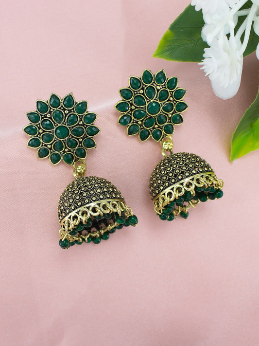 Gold Plated Green Artificial Stones Studded Jhumka Earrings