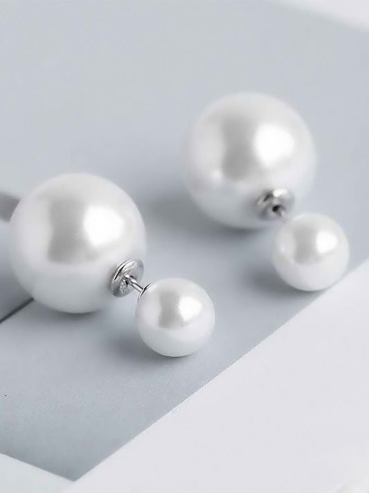 Silver Plated Double Sided White Beads Stud Earrings