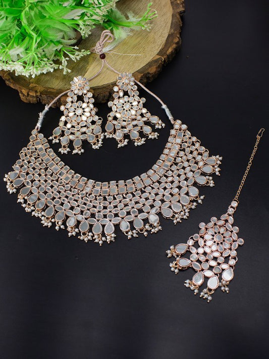 Rose Gold-Plated Mirror-Studded Jewellery Set With Maangtika
