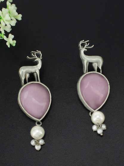 Silver Plated Deer Shaped Pink Monalisa Stone Studded Drop Earrings