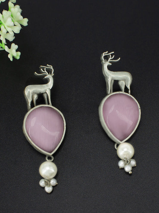 Silver Plated Deer Shaped Pink Monalisa Stone Studded Drop Earrings