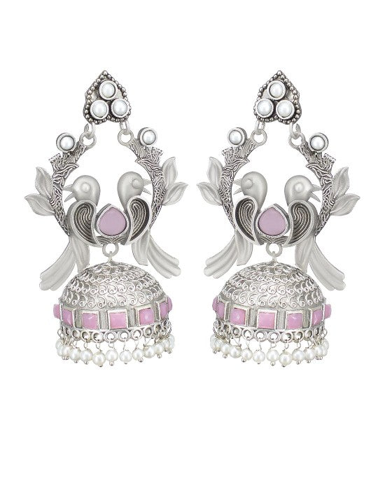 Silver Plated Artificial Beads & Stones Studded Bird Shaped Jhumka Earrings