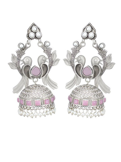 Silver Plated Artificial Beads & Stones Studded Bird Shaped Jhumka Earrings