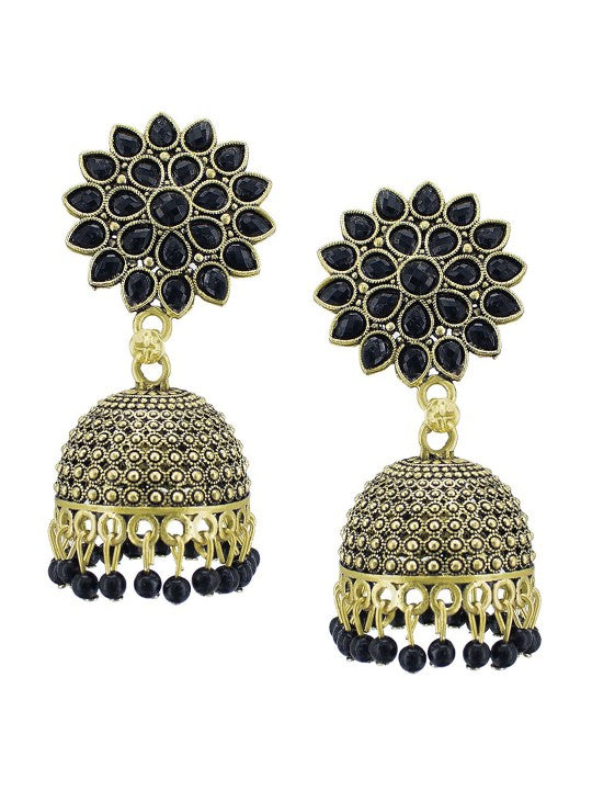 Gold Plated Black Artificial Stones Studded Jhumka Earrings