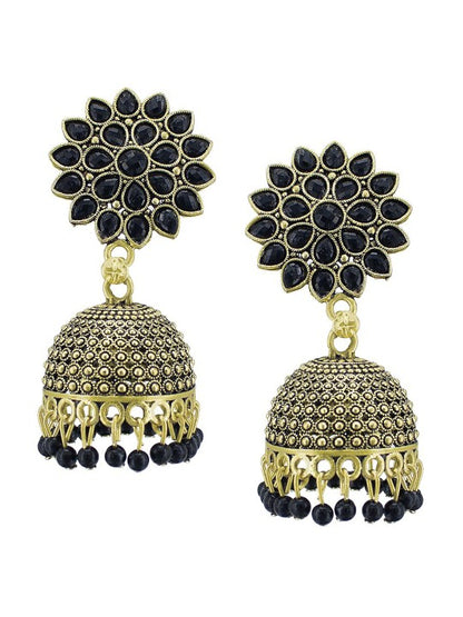Gold Plated Black Artificial Stones Studded Jhumka Earrings