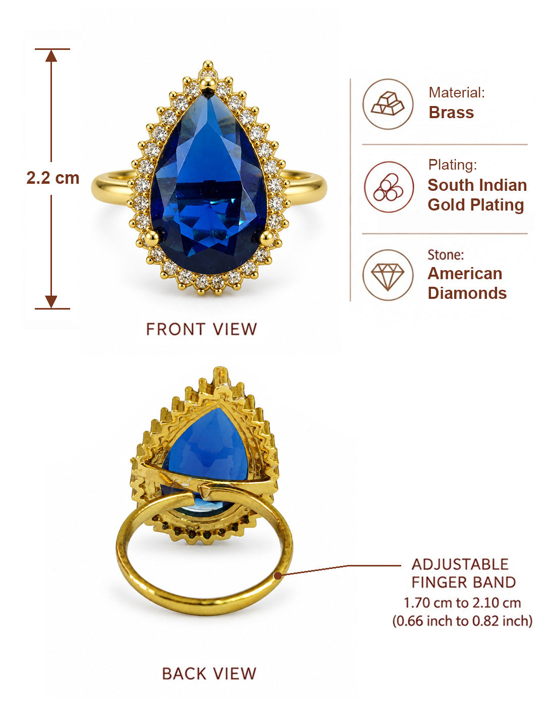 South Indian Gold Plated Blue AD Finger Ring for Women