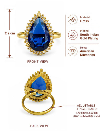 South Indian Gold Plated Blue AD Finger Ring for Women