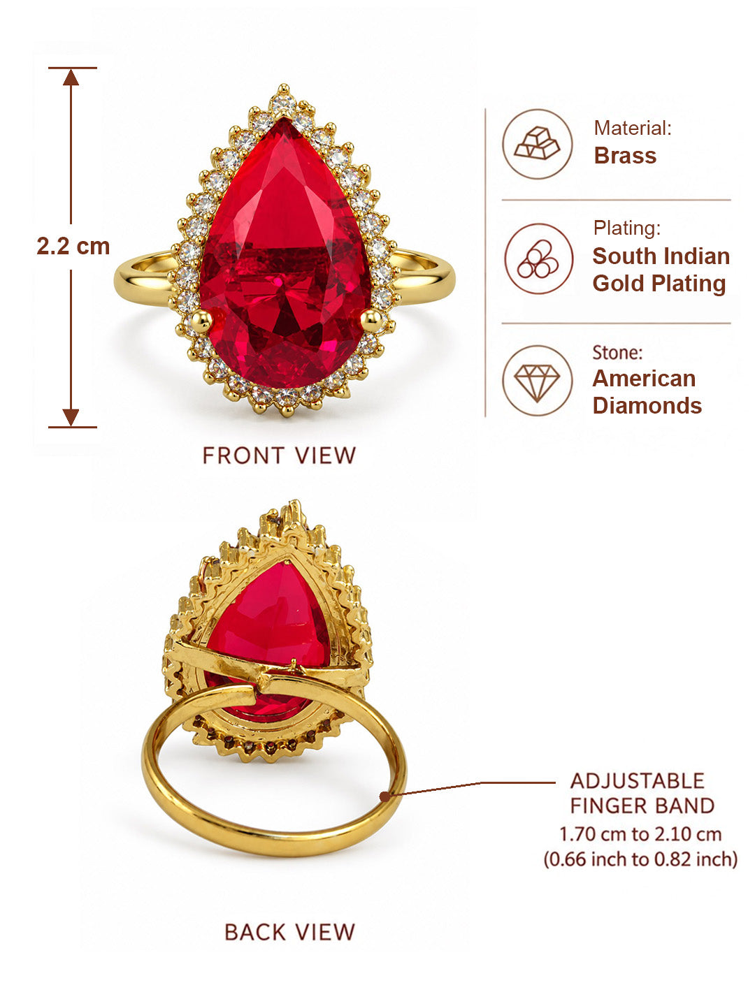 South Indian Gold Plated Red AD Finger Ring for Women