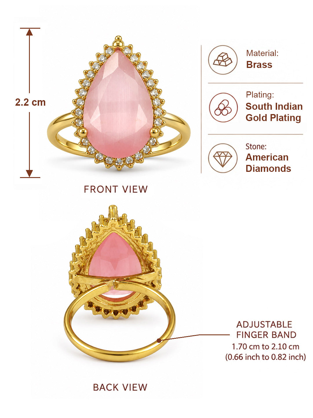 South Indian Gold Plated Pink AD Finger Ring for Women