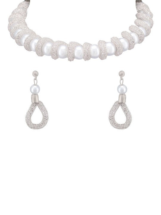 Silver-Plated CZ Studded & Pearl Baeded Jewellery Set