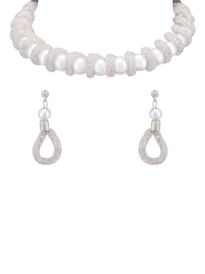 Silver-Plated CZ Studded & Pearl Baeded Jewellery Set