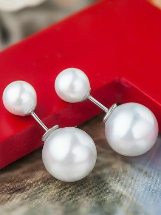 Silver Plated Double Sided White Beads Stud Earrings