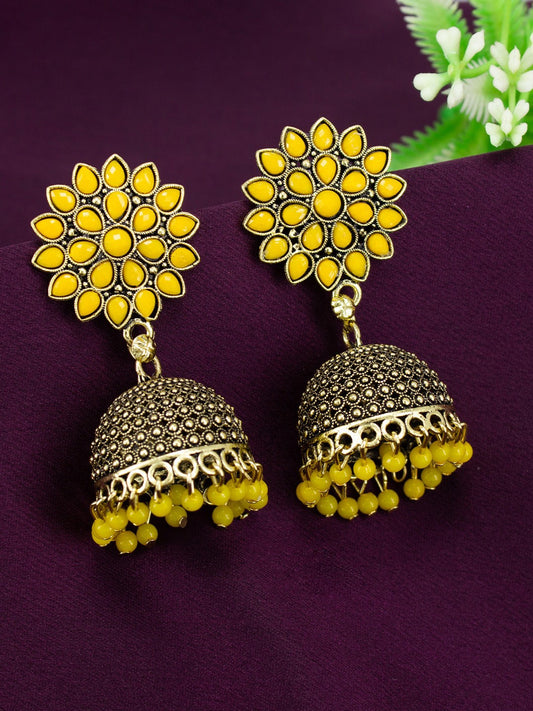 Gold Plated Yellow Artificial Stones Studded Jhumka Earrings