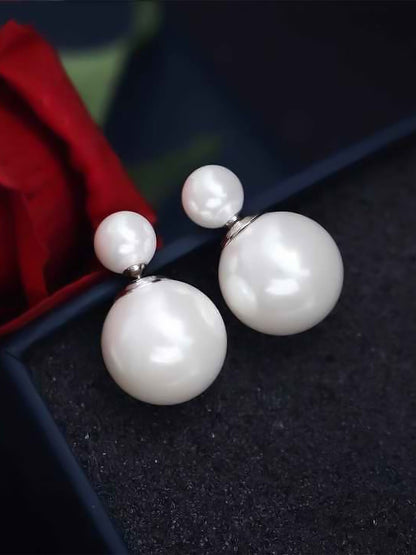 Silver Plated Double Sided White Beads Stud Earrings