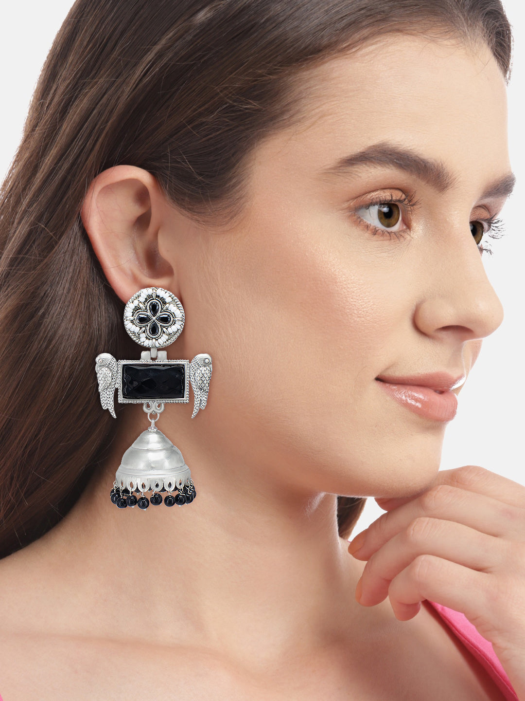 Black Floral Bird Monalisa Stone Jhumka Earrings