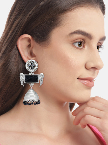 Black Floral Bird Monalisa Stone Jhumka Earrings