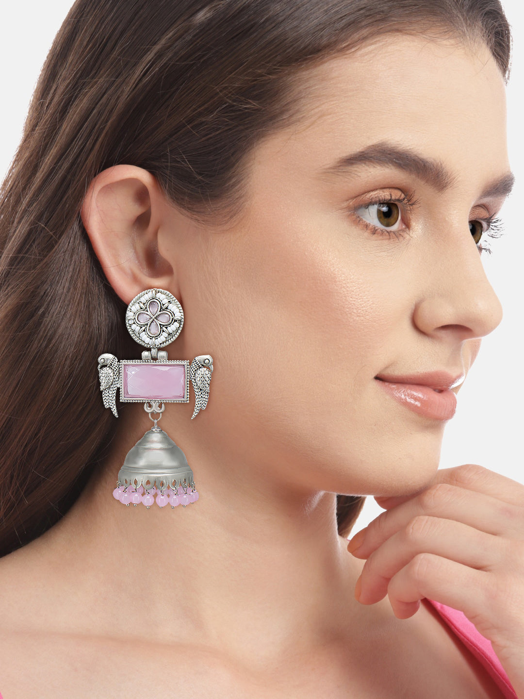 Pink Floral Bird Monalisa Stone Jhumka Earrings