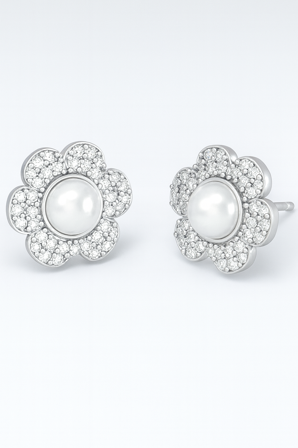 Silver Plated American Diamond Pearl Studded Stud Earrings for Women