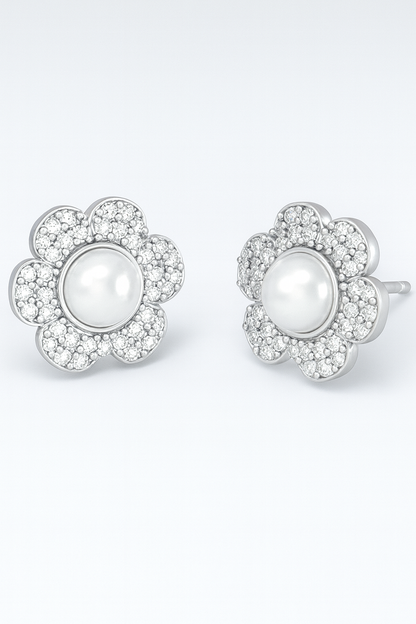 Silver Plated American Diamond Pearl Studded Stud Earrings for Women