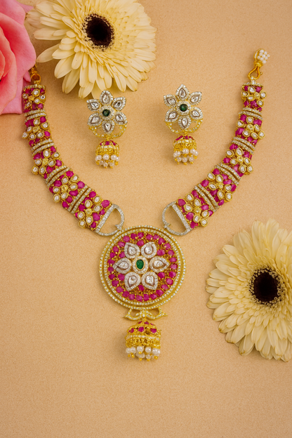 Gold Plated Ruby Pink AD Kundan Choker Jewellery Set