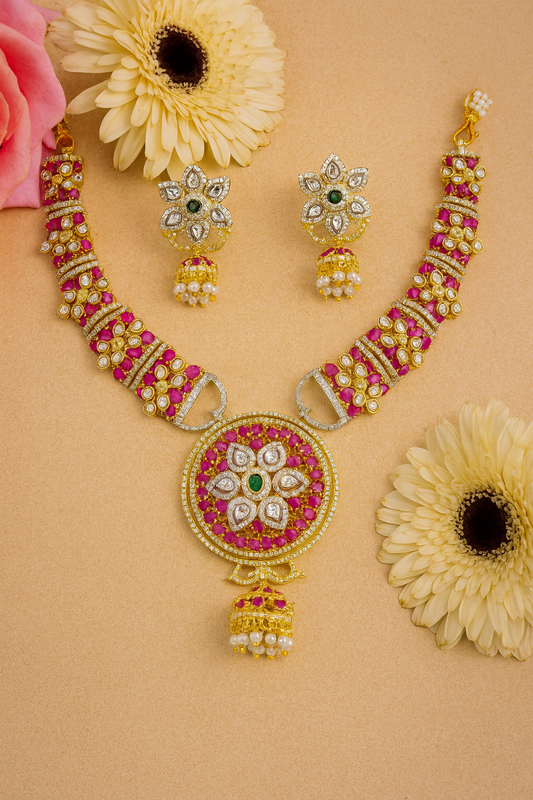 Gold Plated Ruby Pink AD Kundan Choker Jewellery Set