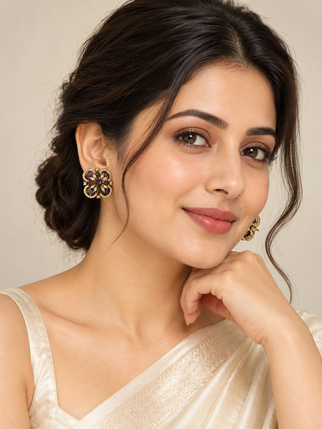 Purple Four Petal Oval Stone Stud Earrings - Gold Plated