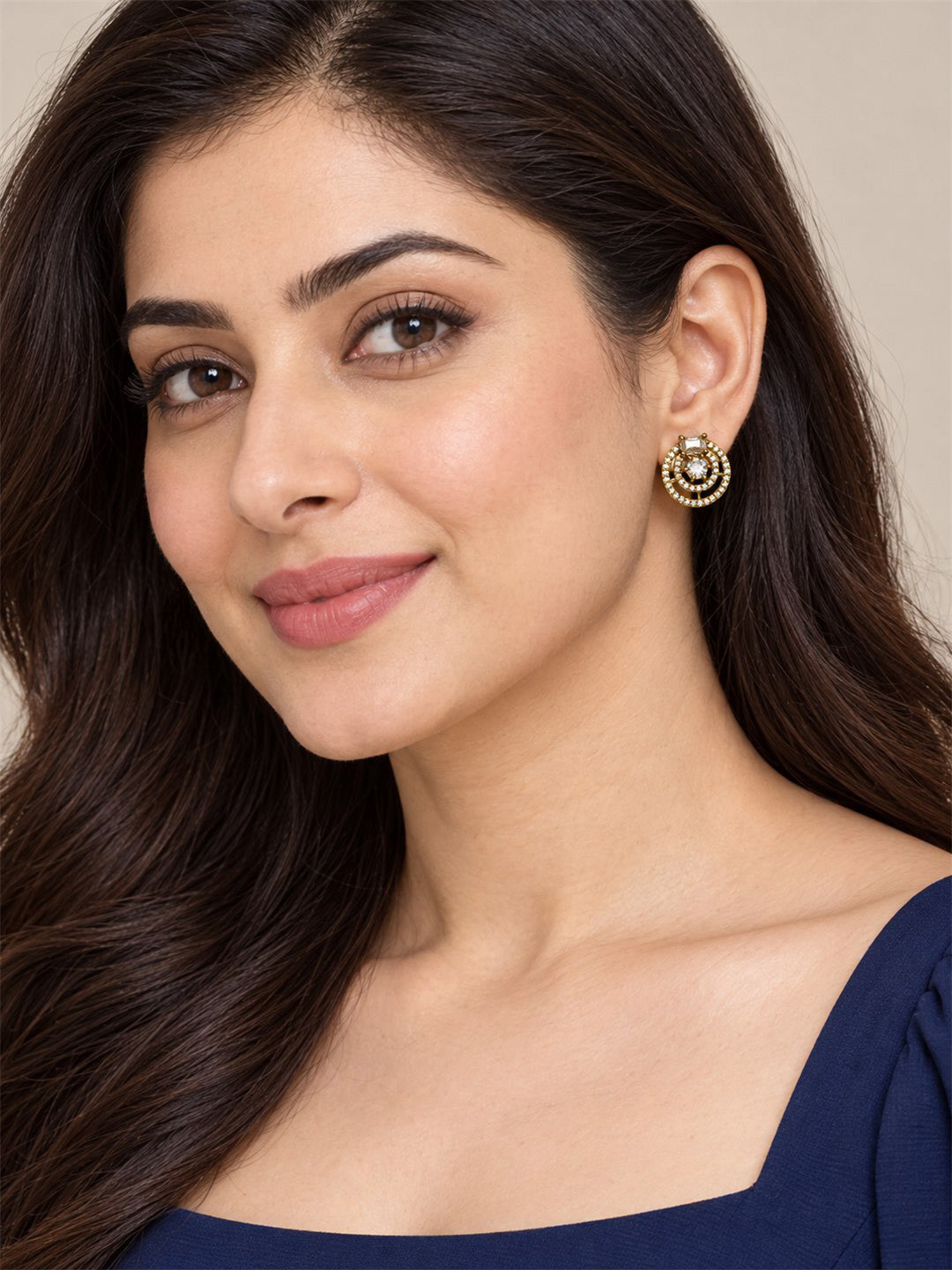 Clear Stone Double Halo Stud Earrings, gold plated, styled on model