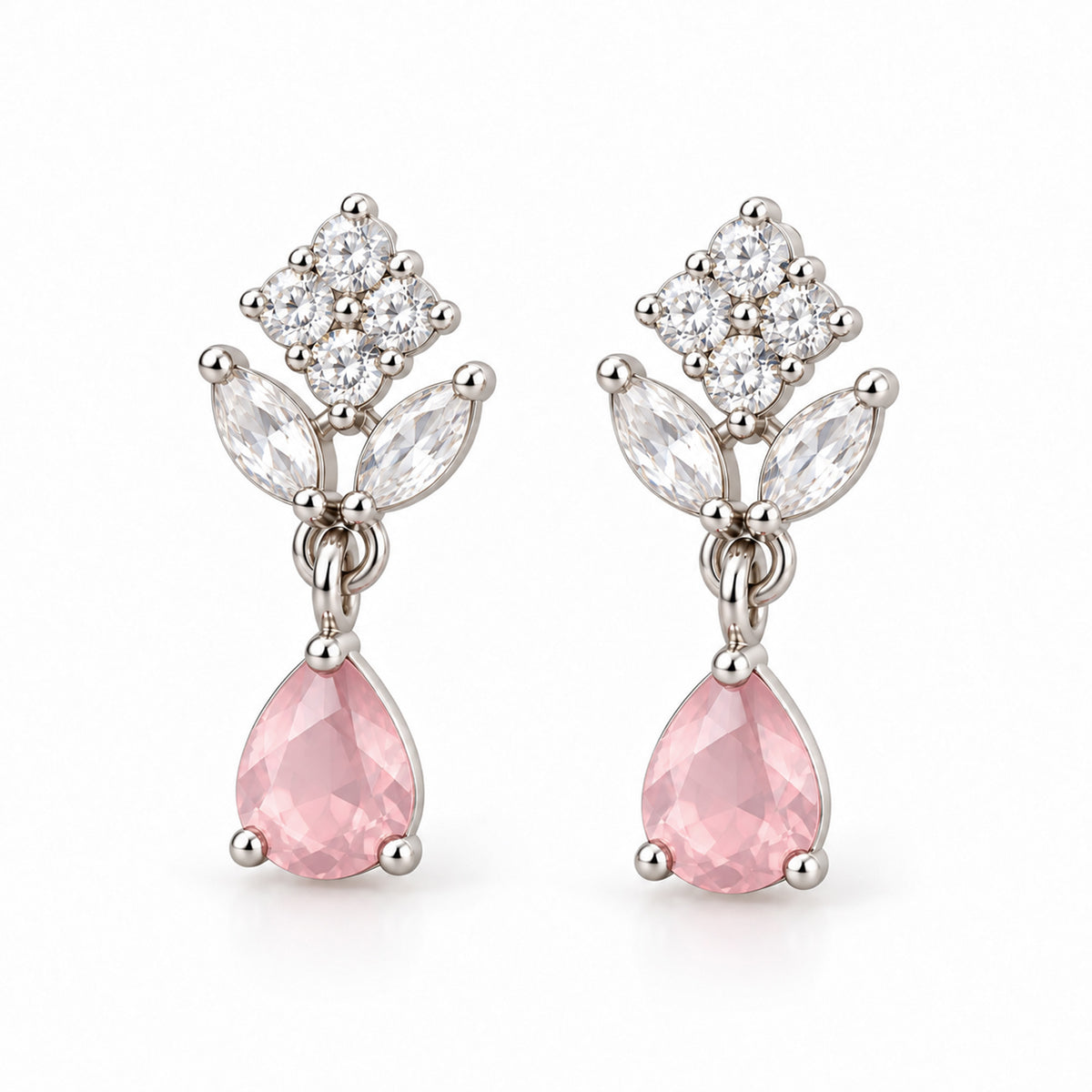 Pink Teardrop Floral Drop Earrings - Silver Plated, product view