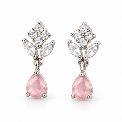 Pink Teardrop Floral Drop Earrings - Silver Plated, product view