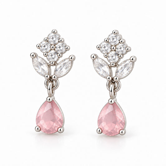 Pink Teardrop Floral Drop Earrings - Silver Plated, product view