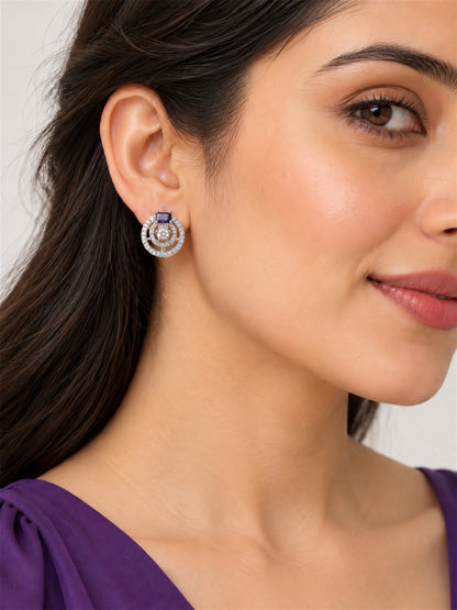 Purple Stone Double Halo Stud Earrings, silver plated, model close-up