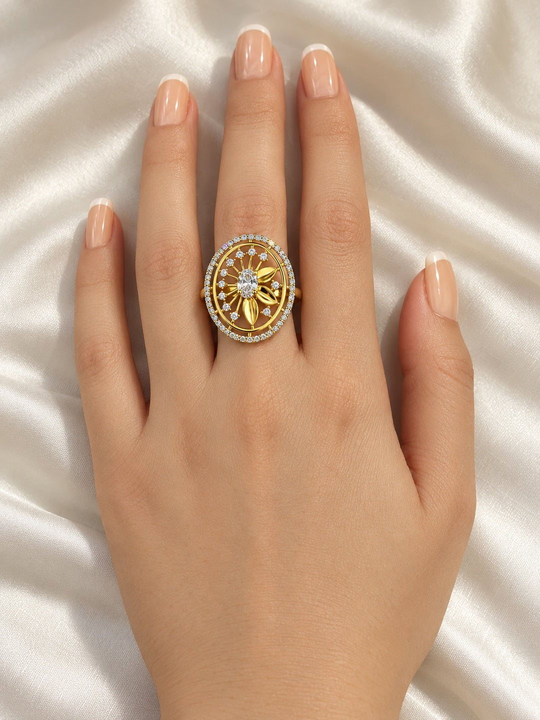 White Center Stone Oval Sunburst Ring - Gold Plated - model close-up
